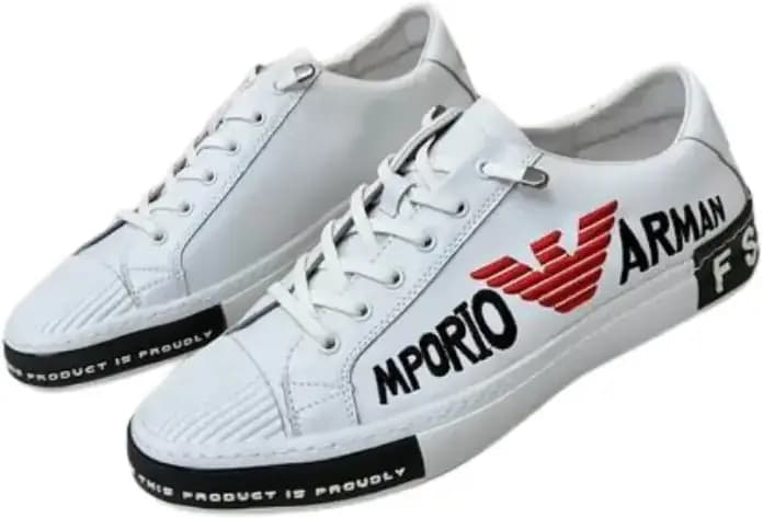 Armani Emporio Men s Logo Sneakers — White Leather Red Monogram