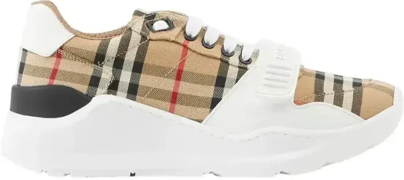 Burberry Check Leather Sneakers — White Beige