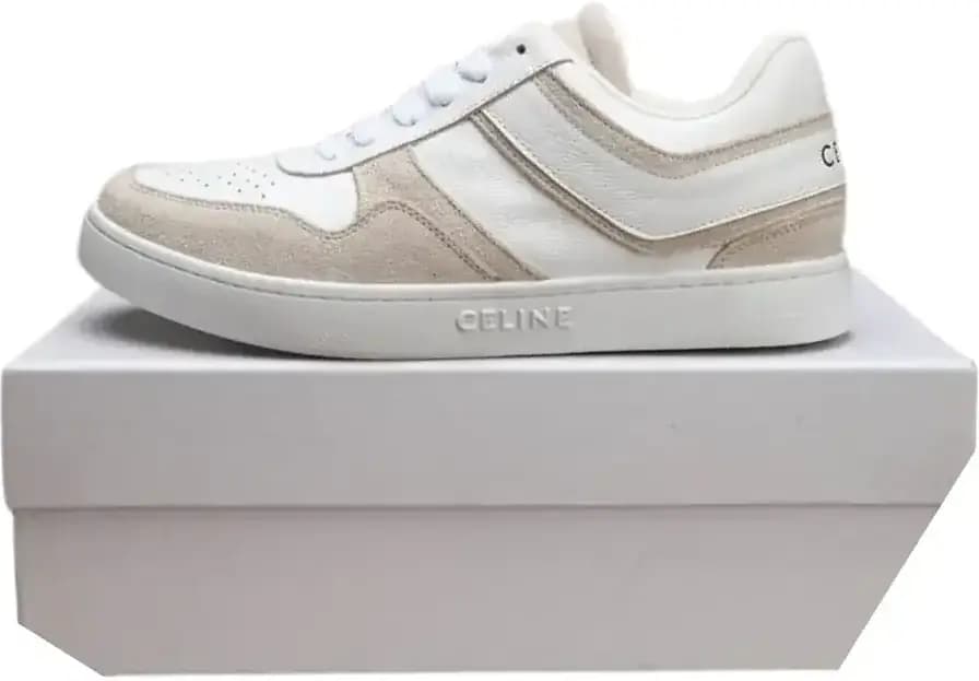 Celine Low Top Trainer Sneakers — White Beige Suede Calfskin