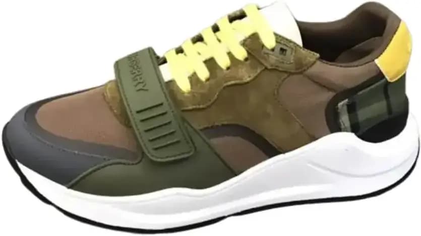 Burberry Ramsey Check Leather Sneakers Military — Green Yellow