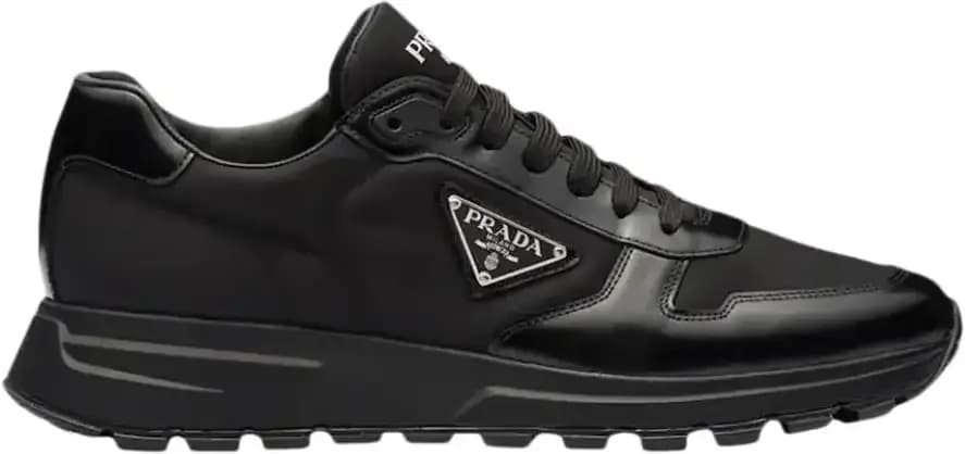 Prada Prax 01 Leather Sneakers — Black Enamel Metal Triangle