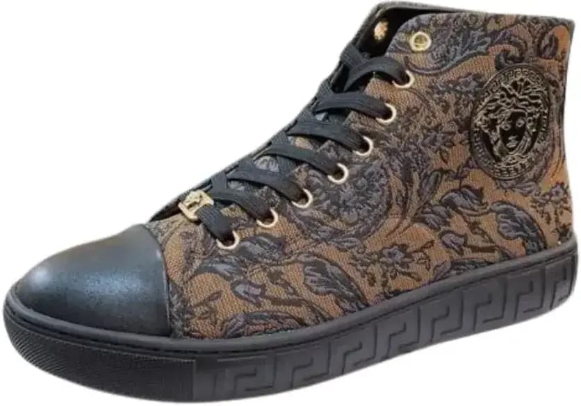 Versace Barocco Jacquard Greca High-Top Sneakers — Brown