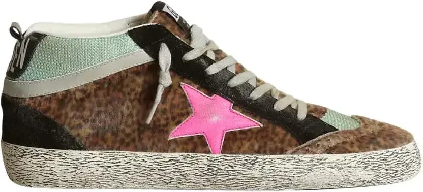 Golden Goose Mid Star Leopard-Print Pony Skin — Fuchsia Leather Star