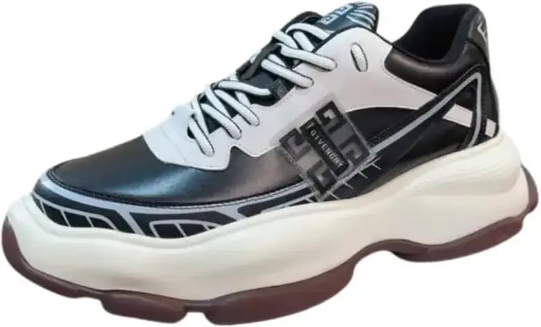 Givenchy 4G Logo Embossed Low Top Sneakers — Black White Calf Leather Panelled Design With Patent Finish