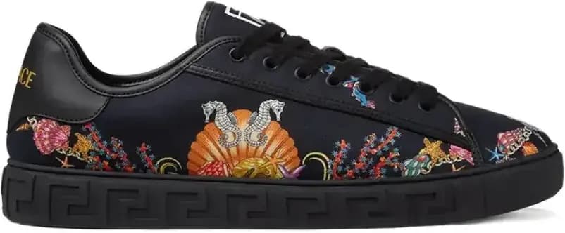 Versace Coral Theatre Greca Sneakers — Black Floral Print